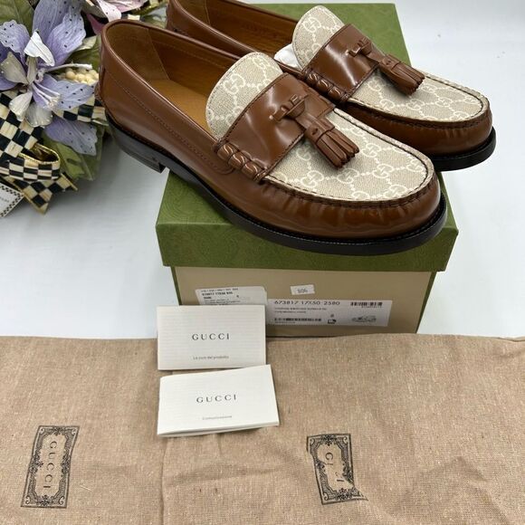 Men’s Gucci GG Supreme canvas/leather loafers size 8 fits 9US made in Italy - Picture 4 of 11